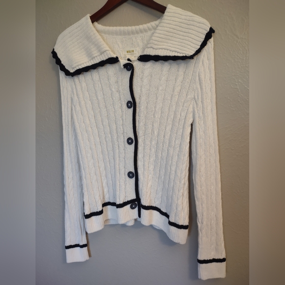 Maeve by Anthropologie Lighthouse Sailor Collar Cable Knit Cardigan White Large - Picture 3 of 16